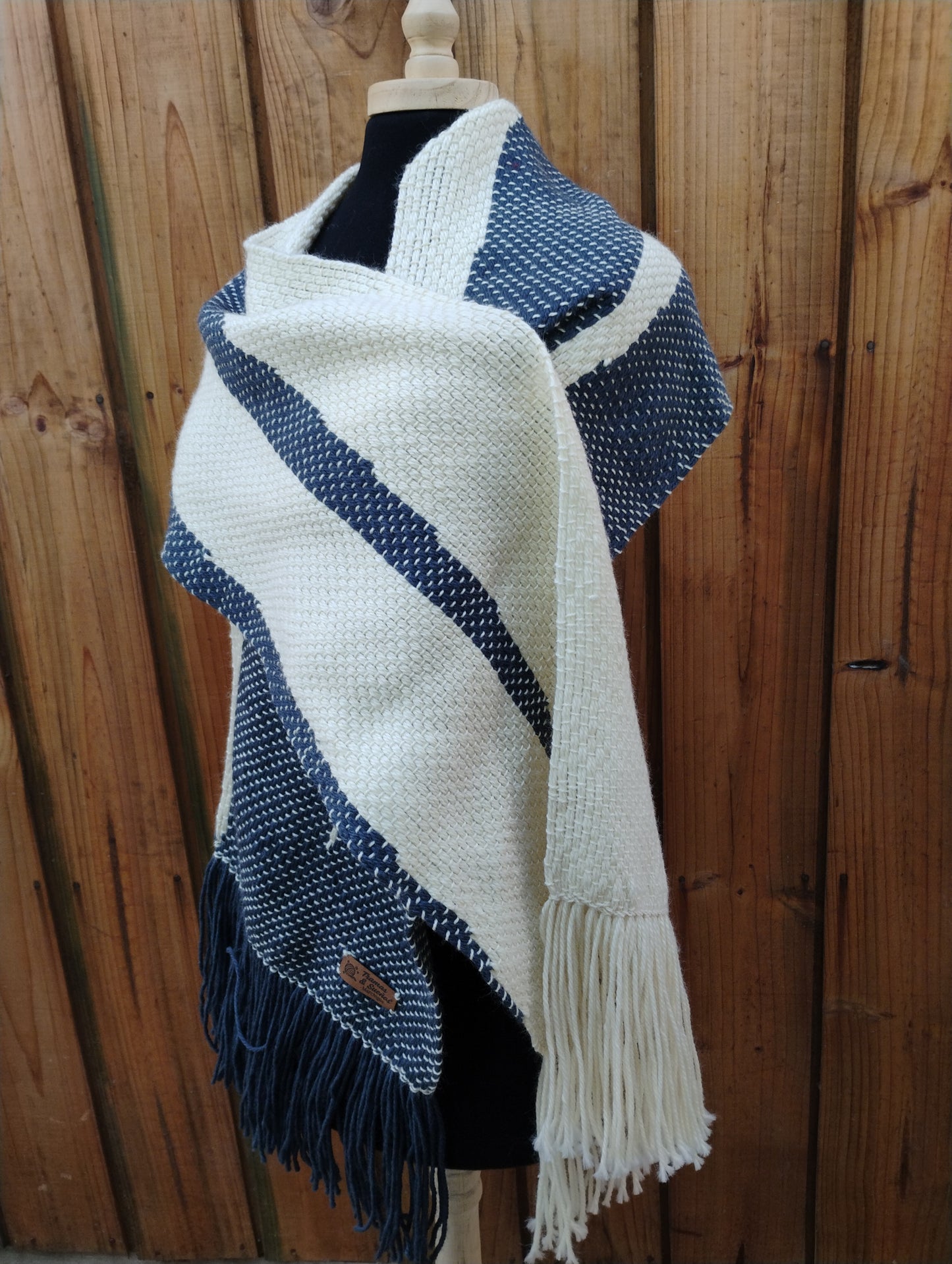 Bufanda de lana interlock blanco y azul