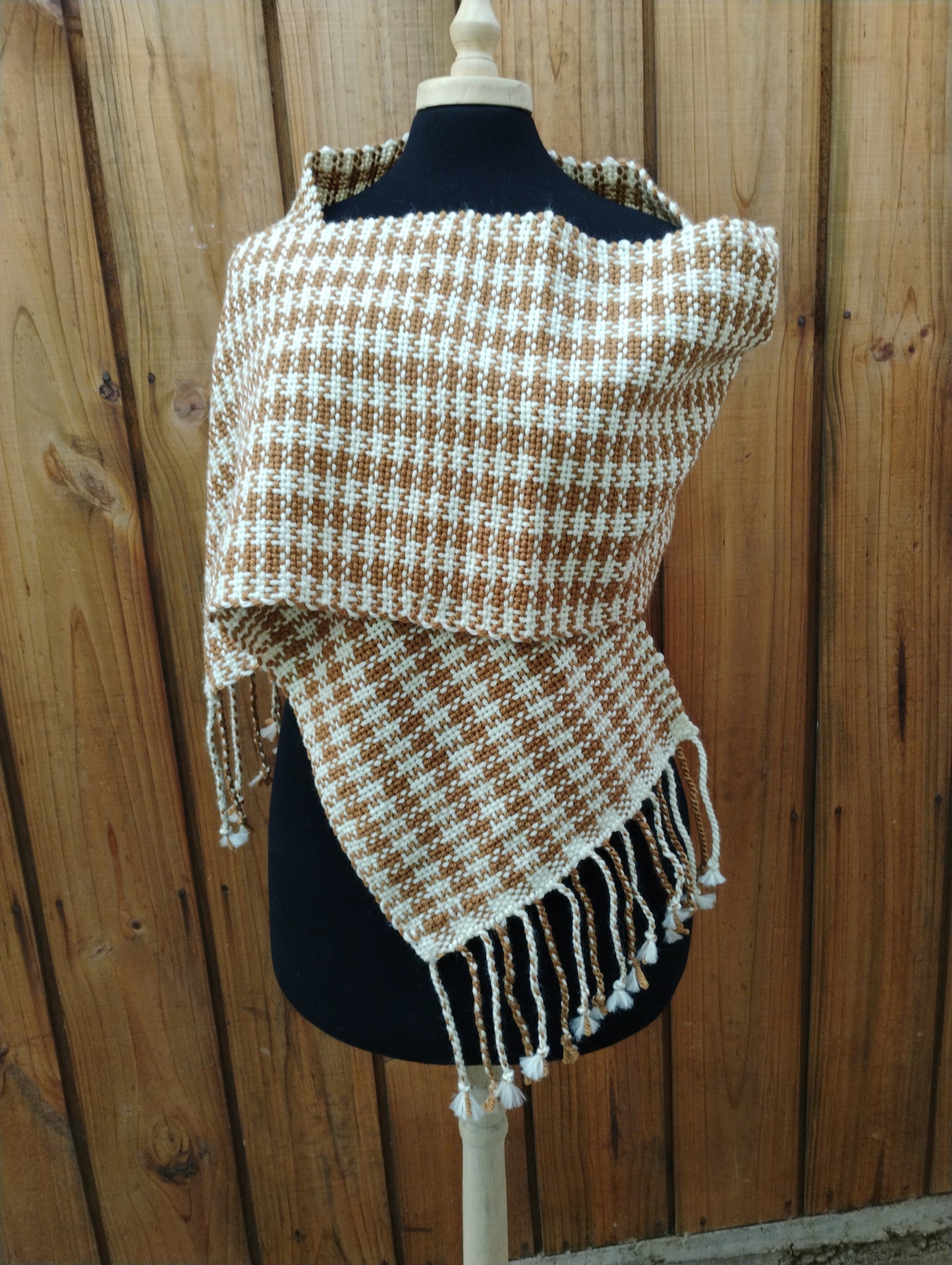 Bufanda de lana beige y blanco pied-de-poule