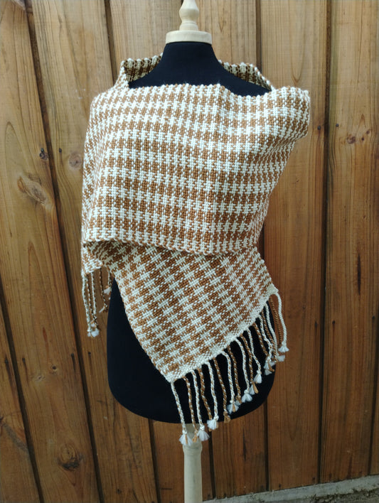 Bufanda de lana beige y blanco pied-de-poule